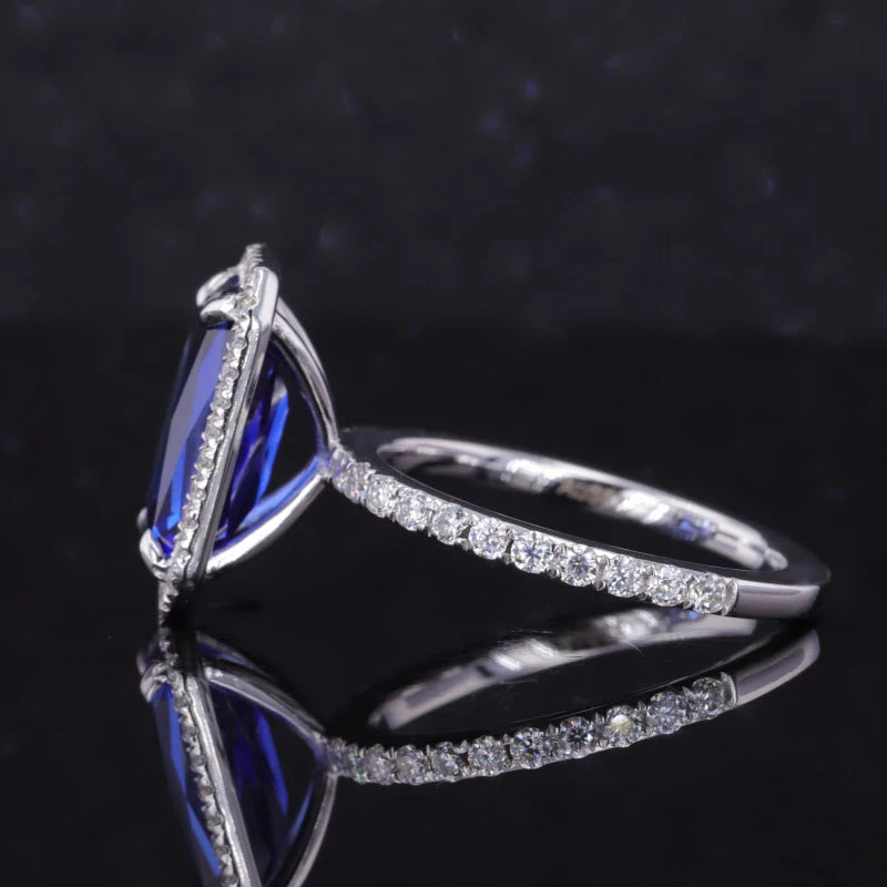 7*11mm Baguette Step Cut Blue Sapphire Moissanite Halo Half-Eternity Ring in 18K Solid White Gold