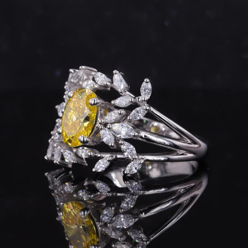 1.31ct Oval Dancy Vivid Yellow Oval Cut Diamond Leaf Patterned Diamonds Ring in 14K Solid White Gold