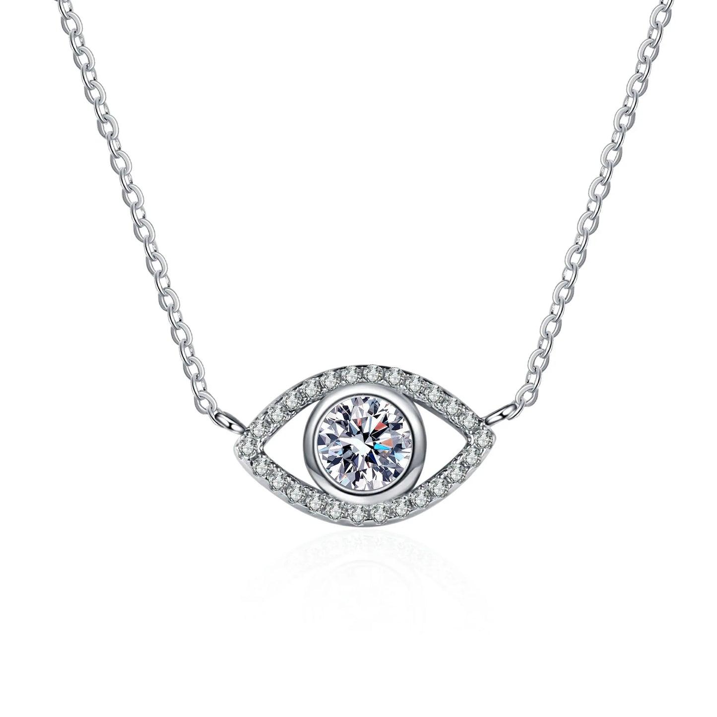 0.5ct, 1ct Round Cut Moissanite Symmetric Evil Eye/Turkish Eye Pendant Necklace in Platinum Plated 925 Silver
