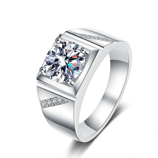 Round Moissanite Men's Ring with Substantial Band in White Gold-Plated 925 Silver