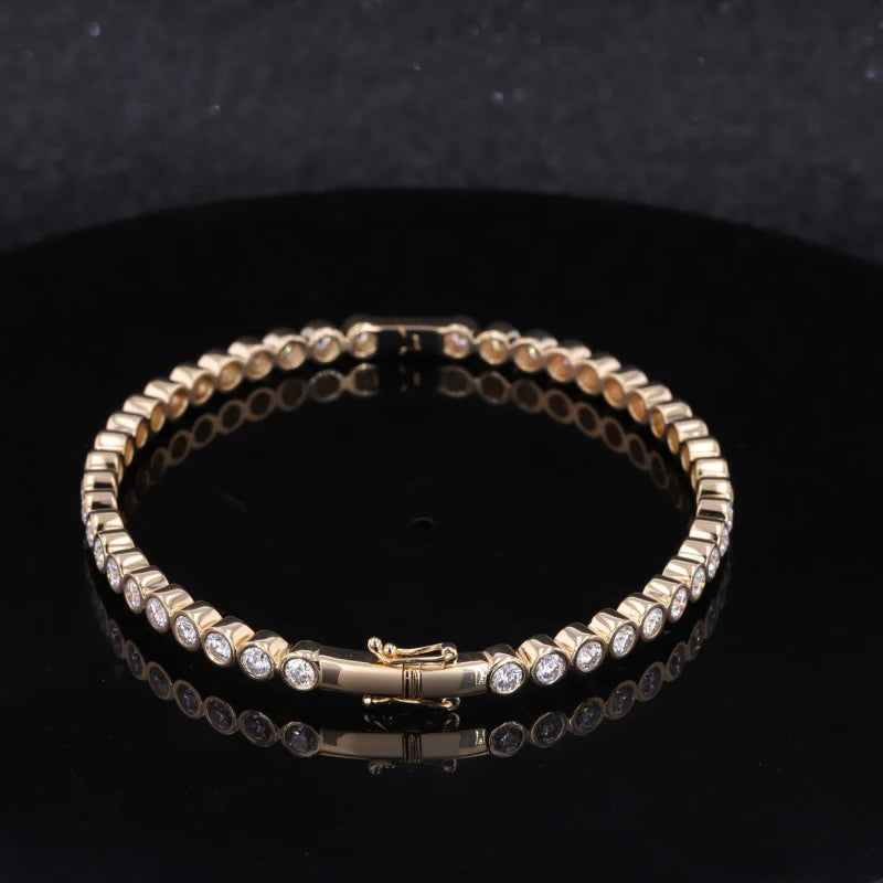 3mm Round Cut Moissanite Bezel Set Tennis Bangle in 14K Solid Yellow Gold