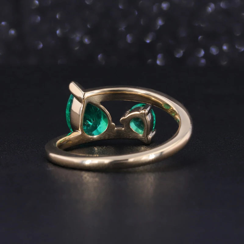 6x8mm, 1.00ct & 3x4mm, 0.60ct Pear Lab-Grown Colombian Emerald Toi Et Moi Ring in 14K Yellow Gold