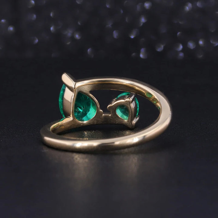 6x8mm, 1.00ct & 3x4mm, 0.60ct Pear Lab-Grown Colombian Emerald Toi Et Moi Ring in 14K Yellow Gold