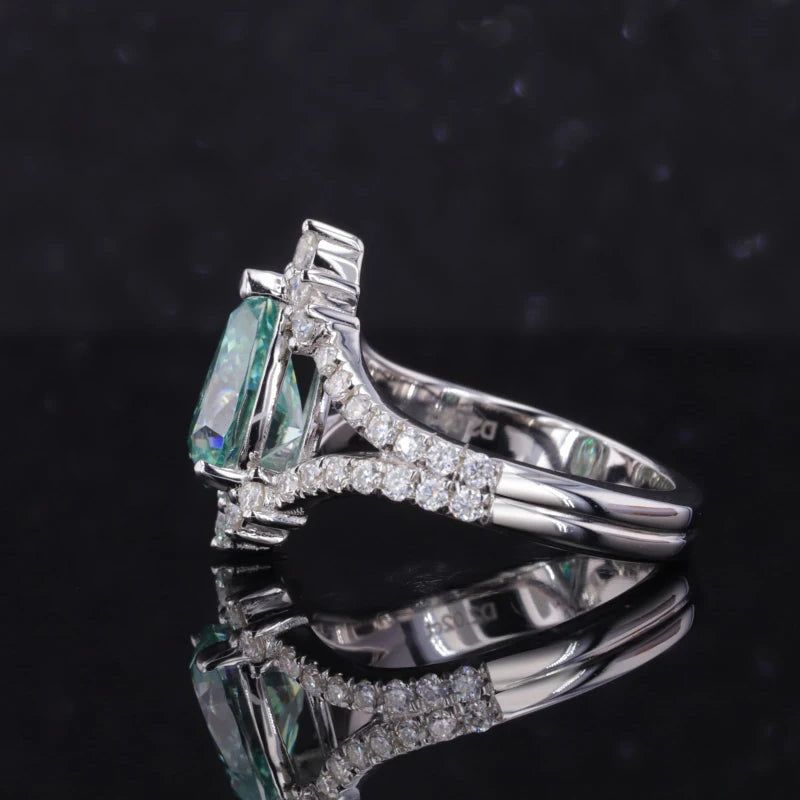 7x10mm Pear Cut Paraiba Diamond "Eye" Ring in 14K Solid White Gold