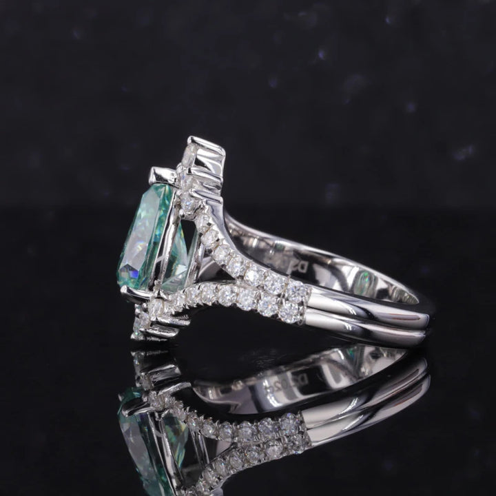 7x10mm Pear Cut Paraiba Diamond "Eye" Ring in 14K Solid White Gold