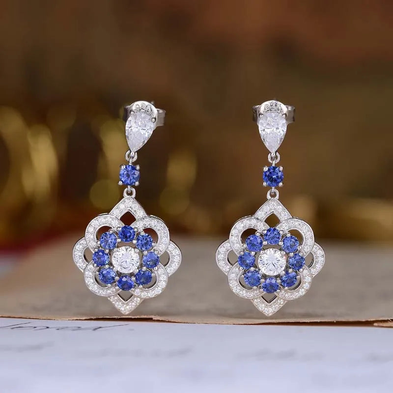 Blue and White Sapphire Vintage Dangle Earrings in Platinum-Plated 925 Sterling Silver