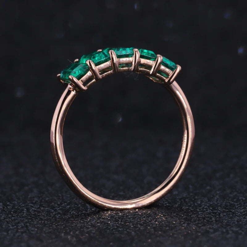 3*5mm Emerald Five Stone Ring in 14K Solid Rose Gold