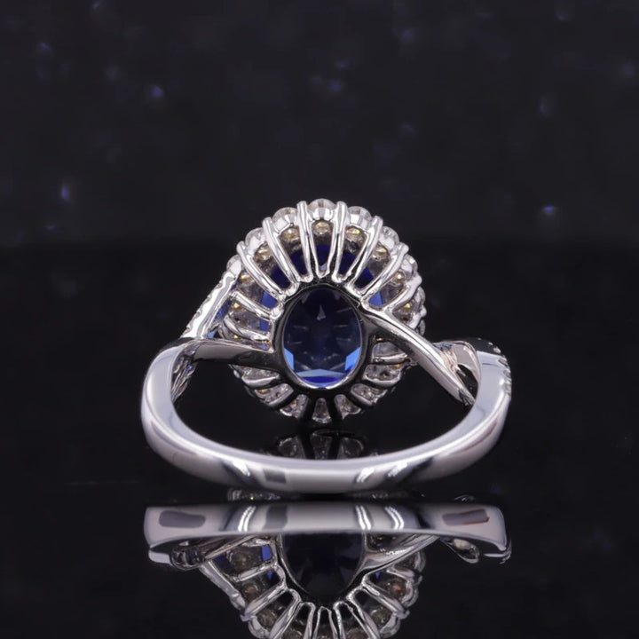 8x10mm, 4.00ct Oval Lab-Grown Blue Sapphire with Diamond Halo Ring/Twisted Band in 14K White Gold
