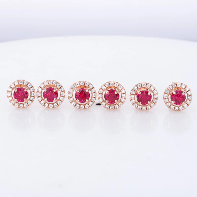 4.5mm, 0.50ct Each Round Lab-Grown Red Ruby with Diamond Halo Earrings in 14K Rose Gold
