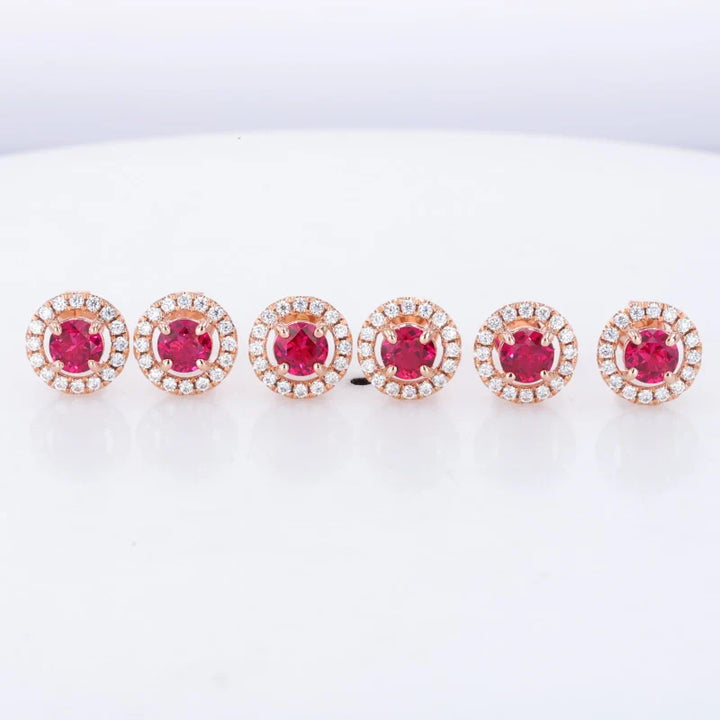 4.5mm, 0.50ct Each Round Lab-Grown Red Ruby with Diamond Halo Earrings in 14K Rose Gold