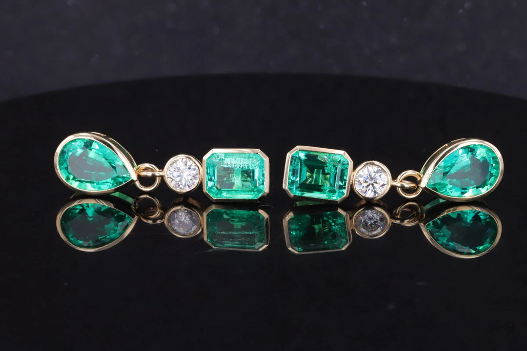 8x12mm Pear & 7x9mm Emerald Cut 4.90ctw Lab-Grown Colombian Emerald Bezel-Set Dangle Earrings with Diamond in 14K Yellow Gold