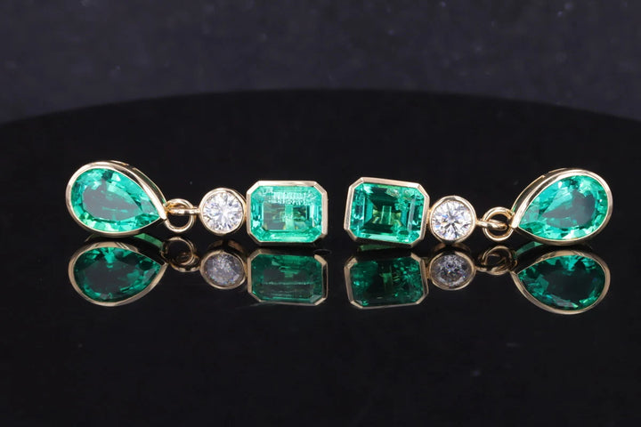 8x12mm Pear & 7x9mm Emerald Cut 4.90ctw Lab-Grown Colombian Emerald Bezel-Set Dangle Earrings with Diamond in 14K Yellow Gold