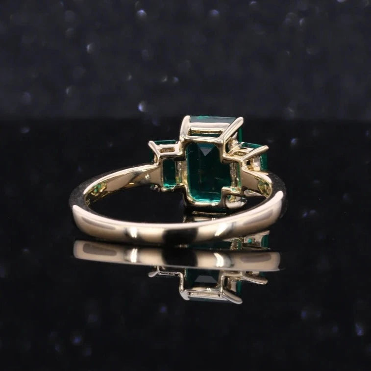 6*9mm Emerald Cut Emerald Three Stone Ring in 14K Solid Yellow Gold