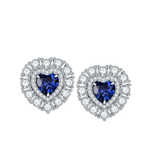 Blue Sapphire Heart Earrings, Moissanite Halo in Platinum-Plated 925 Sterling Silver