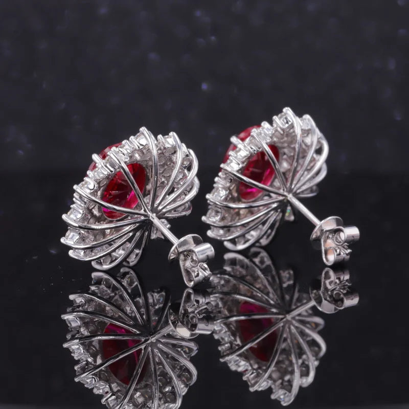 7x9mm, 2.50ct Each Oval Lab-Grown Red Ruby with Diamond Halo Earrings in 14K White Gold