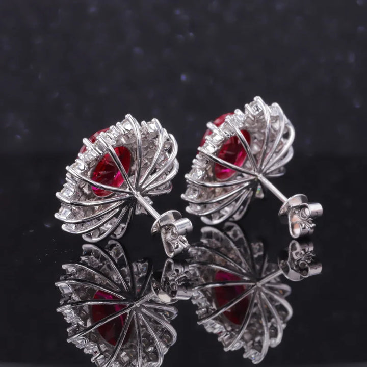 7x9mm, 2.50ct Each Oval Lab-Grown Red Ruby with Diamond Halo Earrings in 14K White Gold