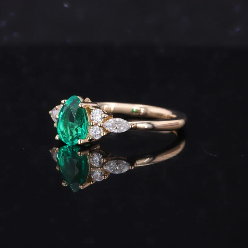 Columbian Pear Cut Emerald Ring with Moissanite in 14K Yellow Gold