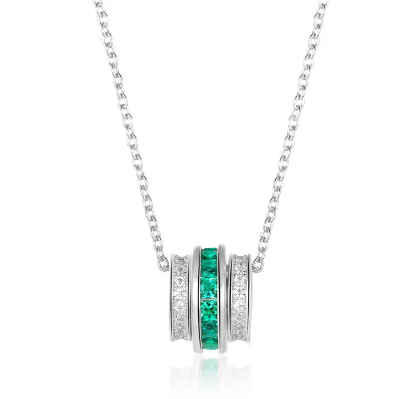 Square Emerald Stacked Ring Pendant/Necklace in 18K White/Rose Gold-Plated 925 Sterling Silver