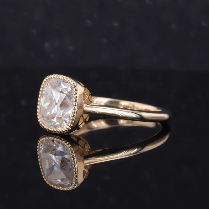 8.5*9mm Old Mine Cut Bezel-Set Moissanite Vintage Ring in 10K Solid Yellow Gold