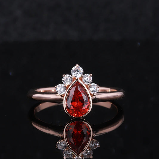 7*10mm Pear Cut Red Ruby Ring with Diamonds in 14K Solid Rose Gold