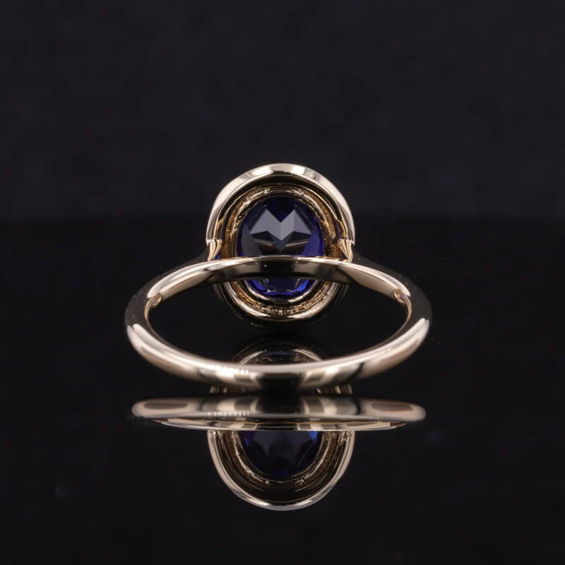 7x9mm, 2.50ct Oval Lab-Grown Blue Sapphire Vintage Ring with Diamond Halo in 14K Yellow Gold