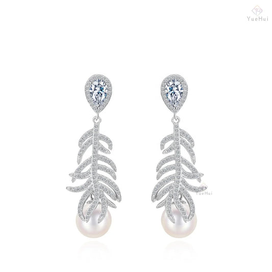 8mm Shell Pearl Big Feather Earrings With 1ct Pear Moissanite in Platinum-Plated 925 Sterling Silver