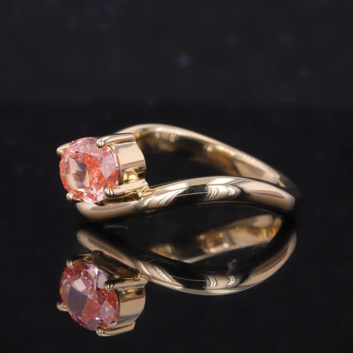 1.00ct Oval Cut Vivid Pink Diamond Curved Ring in 14K Solid Yellow Gold