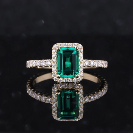 3*5mm Emerald With Diamond Halo/Full Eternity Ring in 10K Solid Yellow Gold