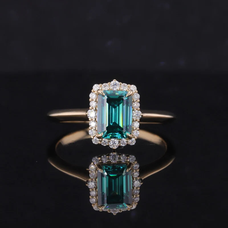 5*7mm Emerald Cut Green Moissanite with Moissanite Halo Ring in 10K Yellow Gold