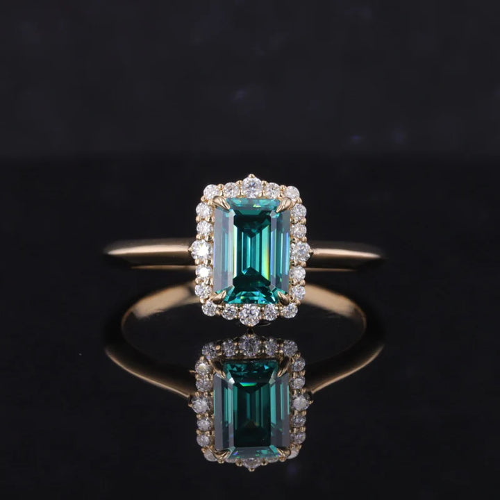 5x7mm, 1.00ct Emerald Cut Green Moissanite with Diamond Halo Ring in 14K Solid Yellow Gold