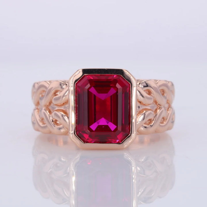 8*10mm Emerald Cut Red Ruby Bezel Set Ring in 10K Solid Rose Gold