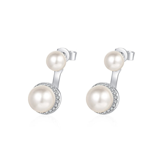 7mm and 9mm Pearl Moissanite Earrings in Platinum Plated 925 Silver