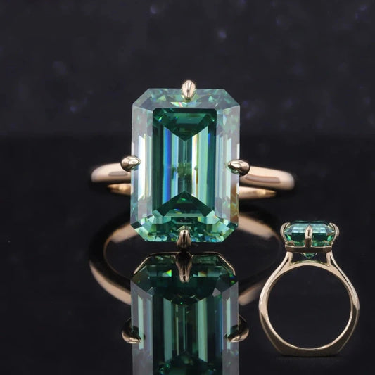 12*16mm Emerald Cut Green Moissanite Solitaire Ring in 10K Yellow Gold