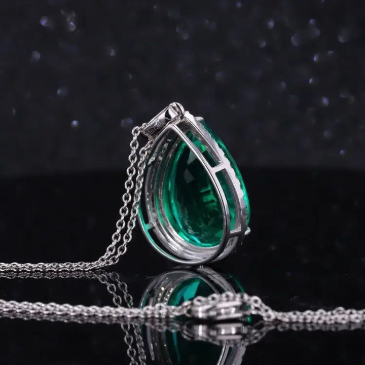 13x18mm, 9.5ct Pear Lab-Grown Colombian Emerald with Diamond Halo Pendant/Necklace in 18K White Gold