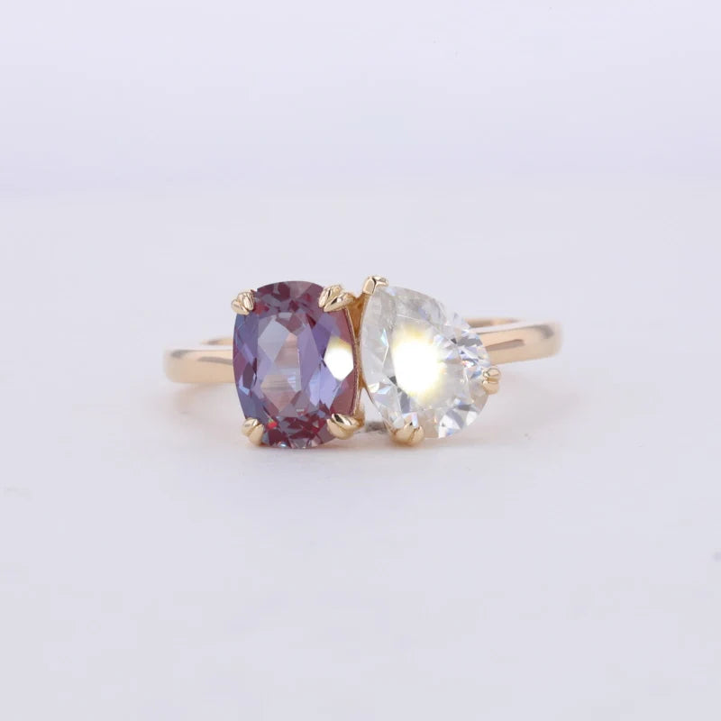 6*8mm Cushion Cut Alexandrite and 6*8mm Pear Cut Moissanite Toi Et Moi Ring in Solid 10K Yellow Gold