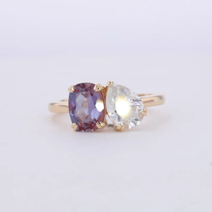 6*8mm Cushion Cut Alexandrite and 6*8mm Pear Cut Moissanite Toi Et Moi Ring in Solid 10K Yellow Gold