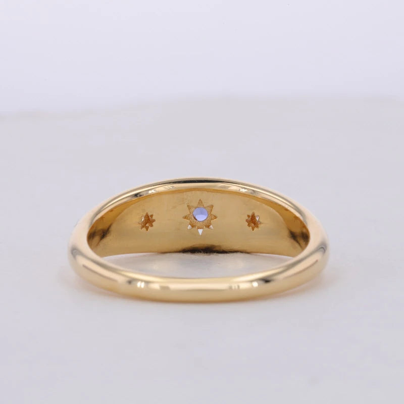 3mm Round Cut Blue Sapphire Ring with Round Moissanite in 18K Solid Yellow Gold