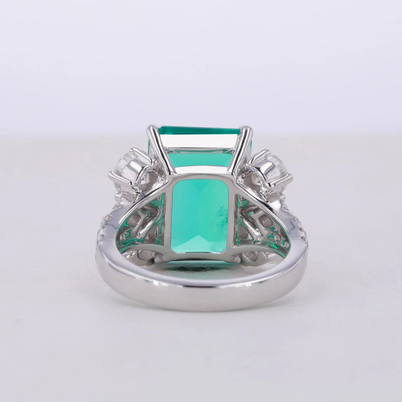 10x14mm, 7.30ct Lab-Grown Colombian Emerald with Pear/Round Cut Accent Diamond Ring in 14K White Gold
