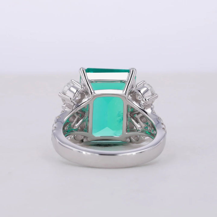 10x14mm, 7.30ct Lab-Grown Colombian Emerald with Pear/Round Cut Accent Diamond Ring in 14K White Gold