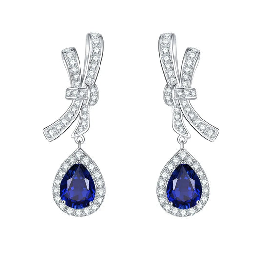Pear Cut Blue Sapphire Dangle Earrings in Platinum-Plated 925 Sterling Silver