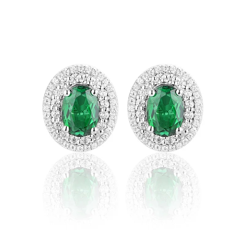 7*5mm Oval Cut Emerald Halo Stud Earrings in 18k White Gold-Plated 925 Sterling Silver