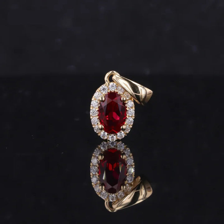 5x7mm, 1.25ct Oval Cut Ruby with Diamond Halo Pendant in 14K Solid Yellow Gold