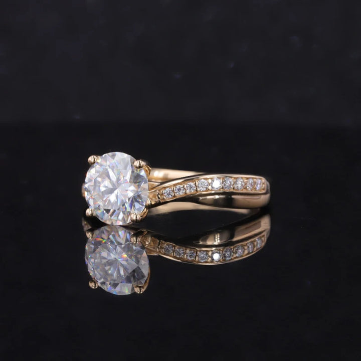 1.5ct Round Cut Moissanite with Twisted Crown/Half-Eternity Setting in 14K Solid Yellow Gold