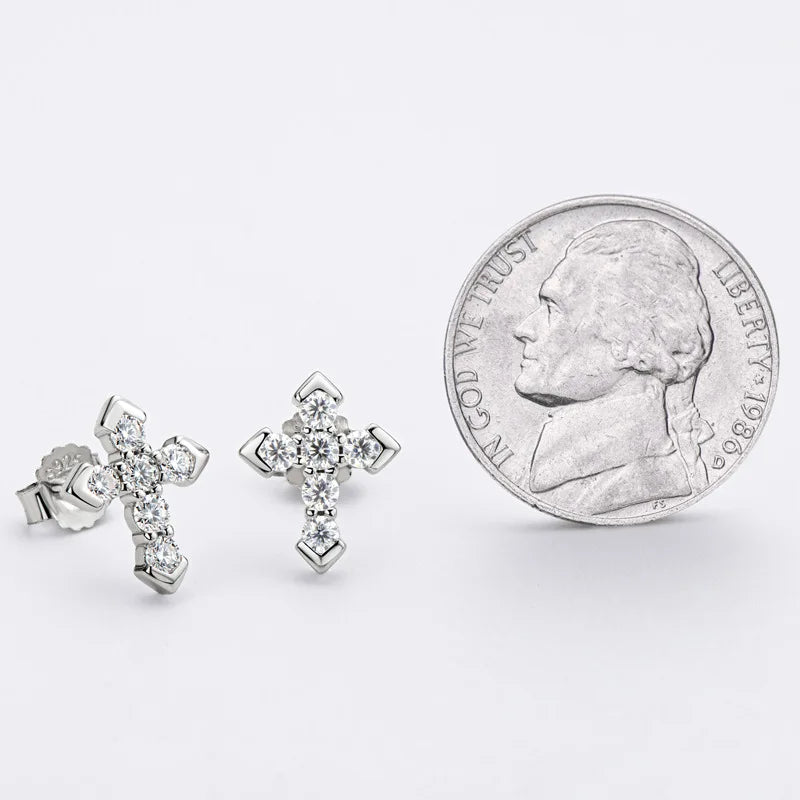 Cross Moissanite Earrings in Platinum-Plated 925 Silver