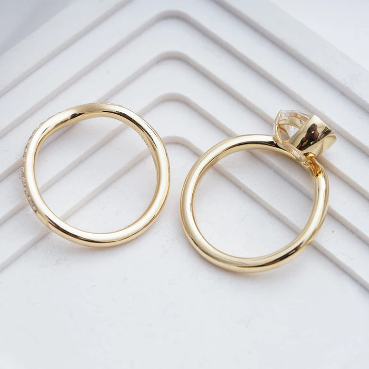 7*10mm Pear Cut Moissanite Curved Ring with Stackable Pave Ring in 18K Solid Yellow Gold
