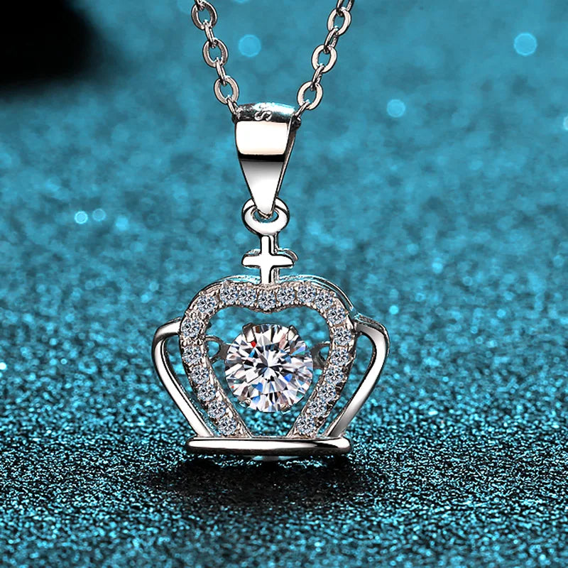 0.3ct and 0.5ct Round Cut Moissanite Love Crown Pendant Necklace in Platinum Plated 925 Silver