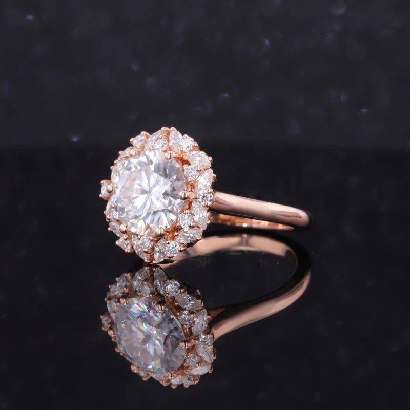 8.5mm Round Cut Moissanite with Marquise Halo in 14K Solid Rose Gold