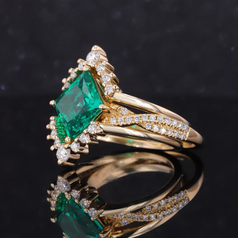 8*8mm Princess Cut Columbian Emerald Band Ring with Two Staking Rings in 14K Solid Yellow Gold