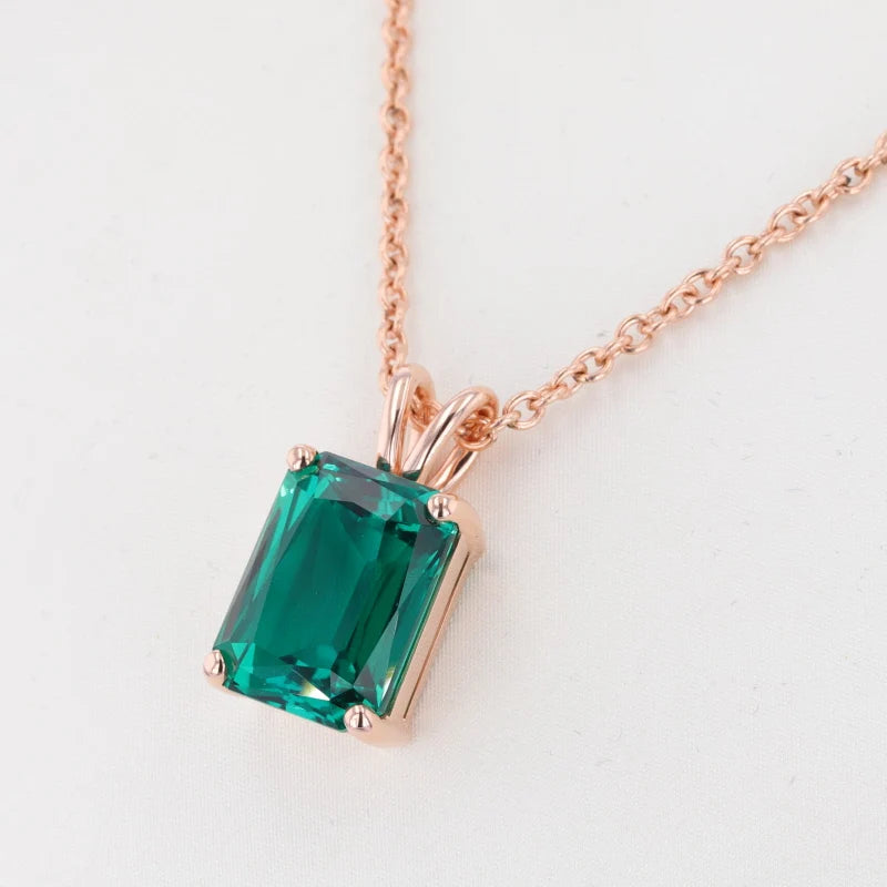 Criss-Cross Emerald Cut Lab Emerald Pendant Necklace in 14K Rose Gold