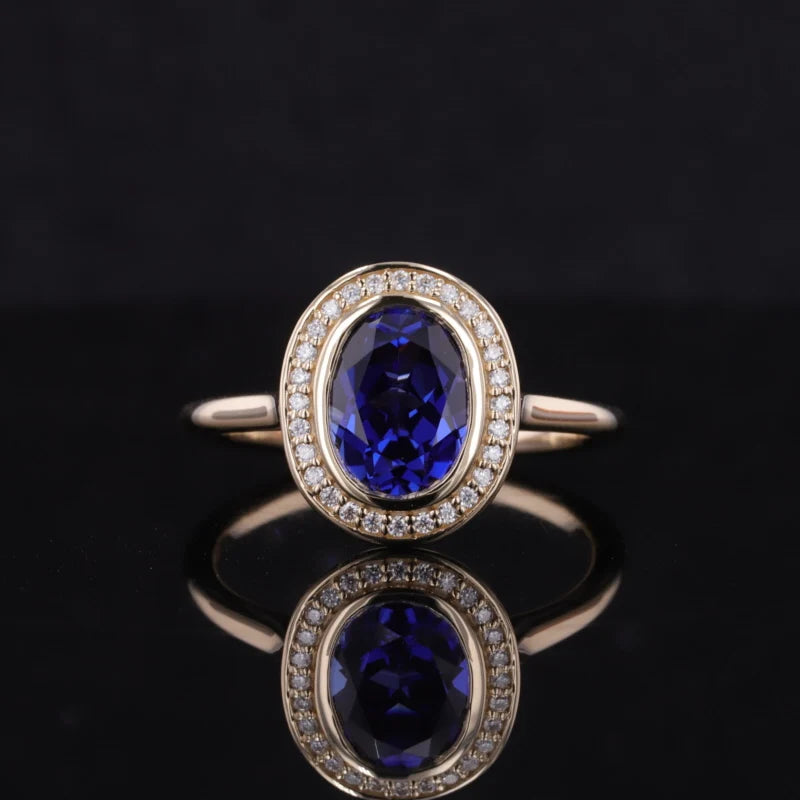 7*9mm Oval Cut Blue Sapphire Ring with Diamond Halo in 14K Solid Yellow Gold